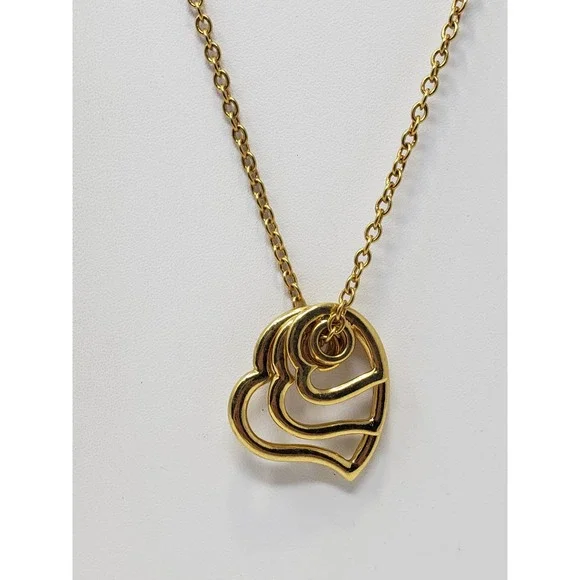 Avon Triple Heart Pendant Gold Tone Long Chain Necklace Graduated Open Hearts - Picture 1 of 5